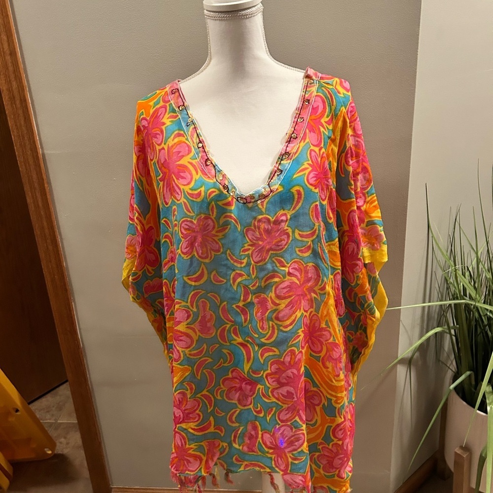 Women’s Floral V-Neck Swim Cover-Up — Pink & Turquoise resprtwear beach travel